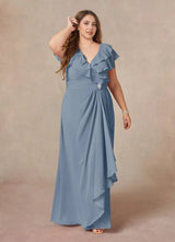 Augday A-Line V-Neck Ruched Chiffon Dress Plus Size