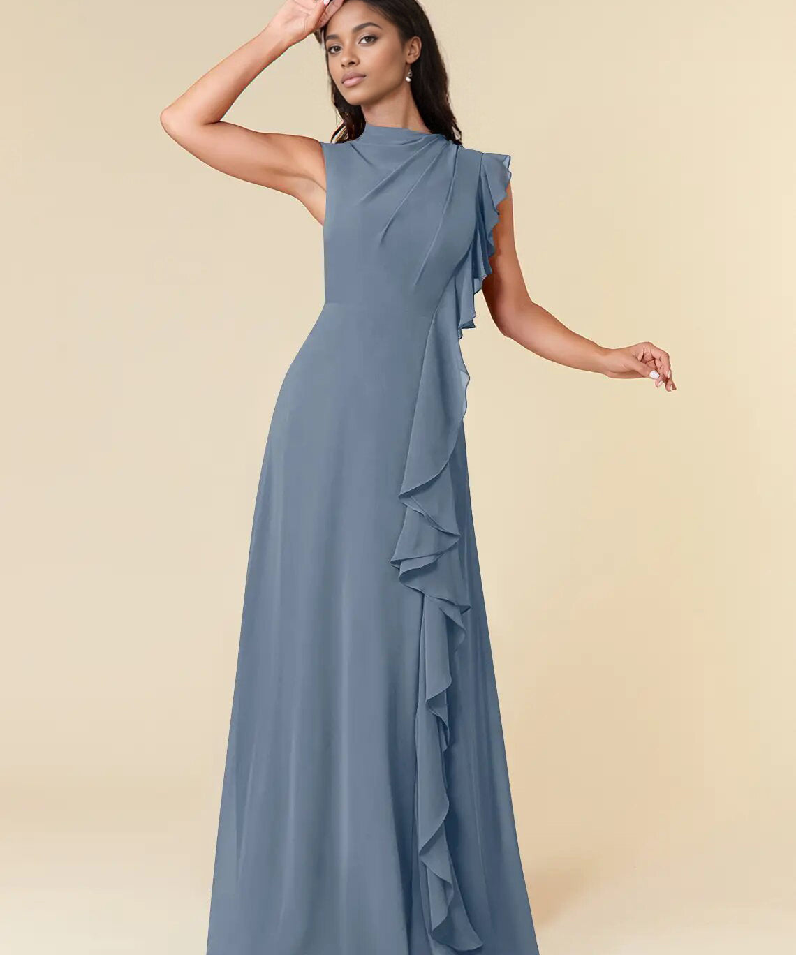 Augday A-Line High Neckline Pleated Chiffon Dress