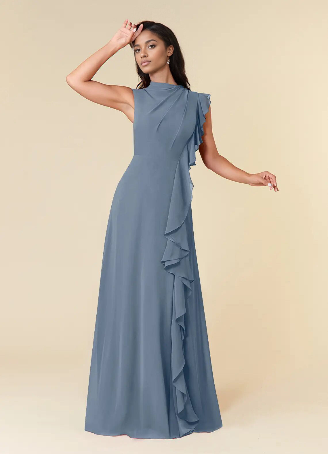 Augday A-Line High Neckline Pleated Chiffon Dress