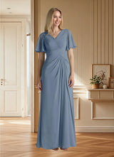 Augday Morning Glory A-Line V-Neck Ruched Chiffon Dress