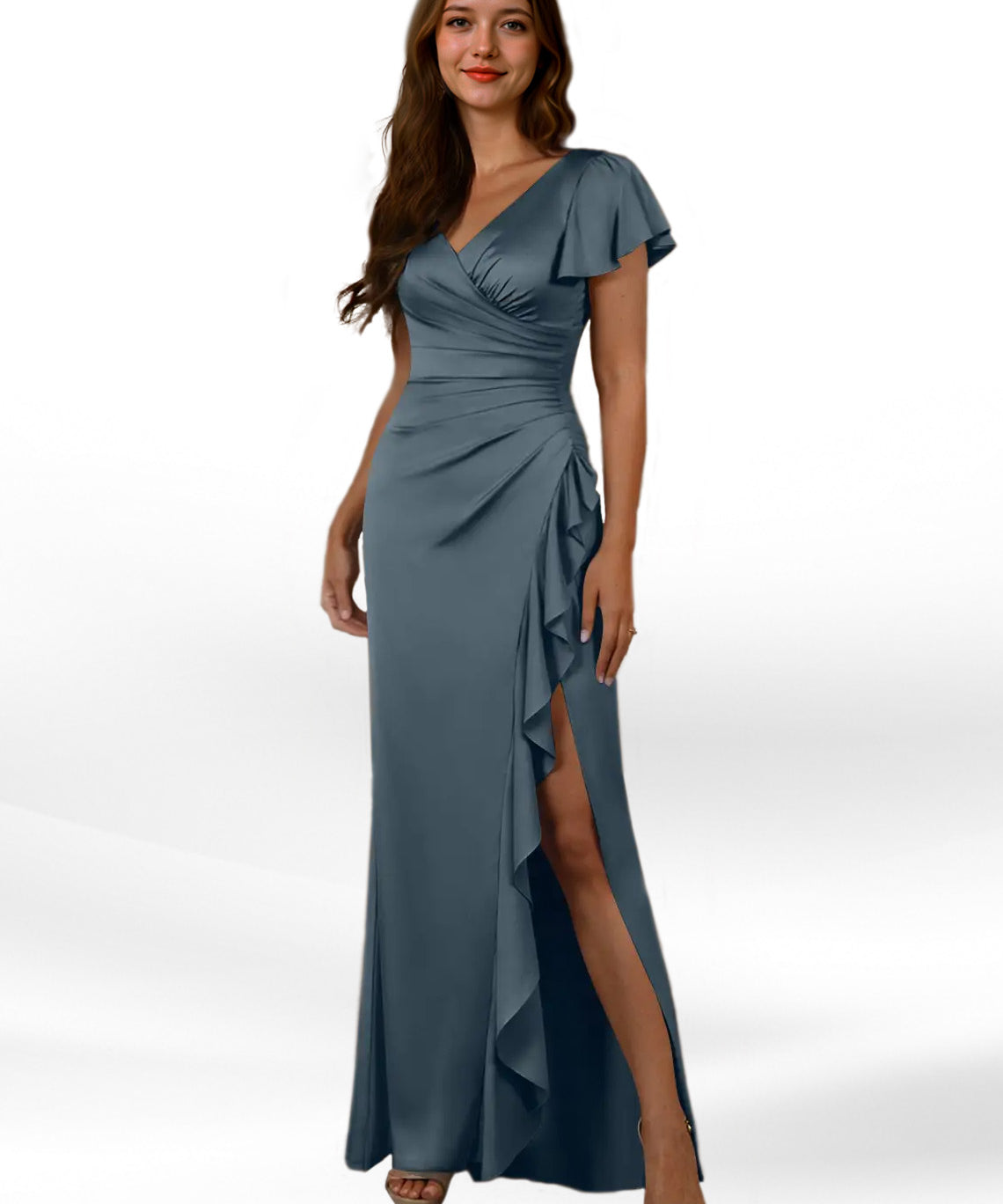 Augday Roya Mermaid V-Neck Pleated Stretch Satin Dress