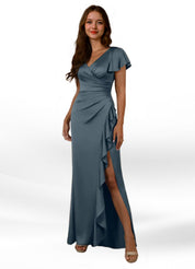 Augday Roya Mermaid V-Neck Pleated Stretch Satin Dress