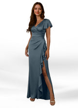 Augday Roya Mermaid V-Neck Pleated Stretch Satin Dress