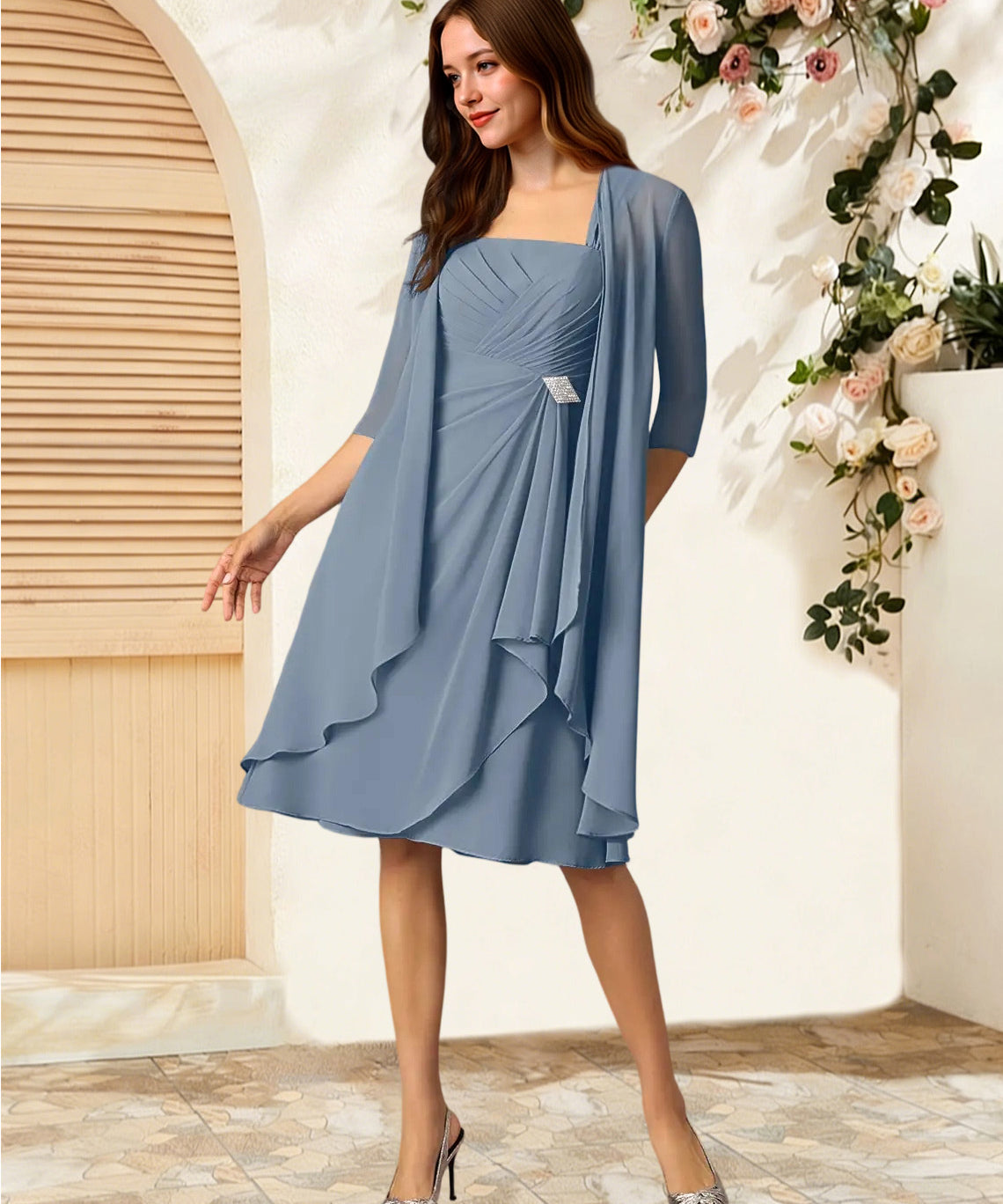 Augday Olivia A-Line Square Neckline Pleated Chiffon Dress