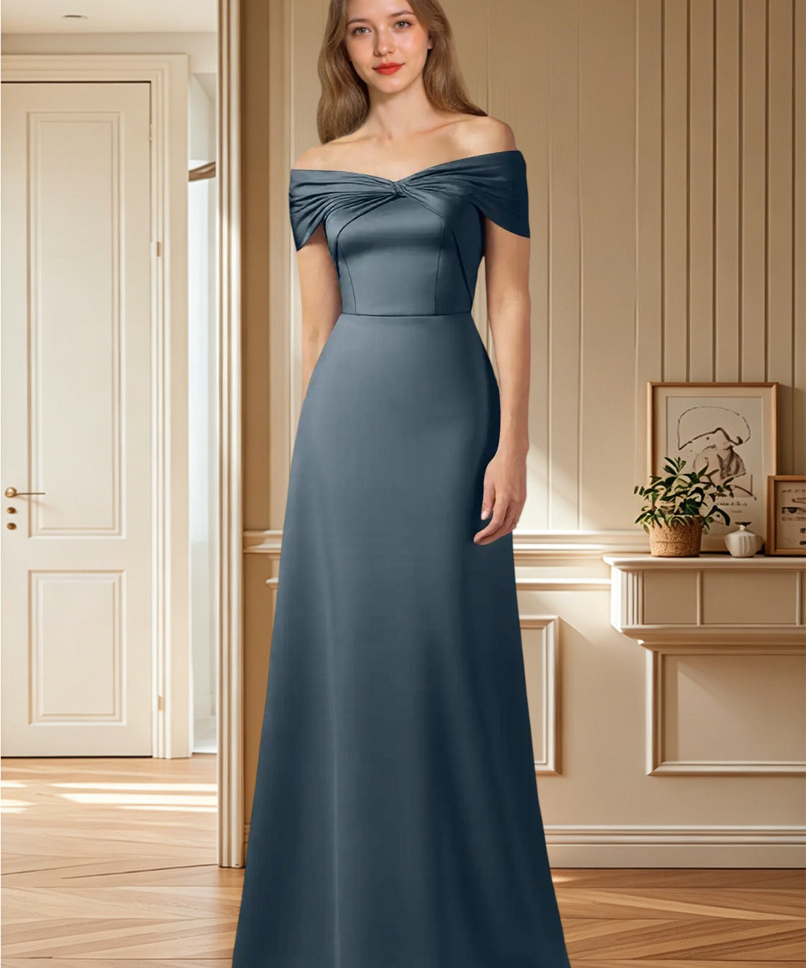 Augday Amelia A-Line Off the Shoulder Stretch Satin Dress