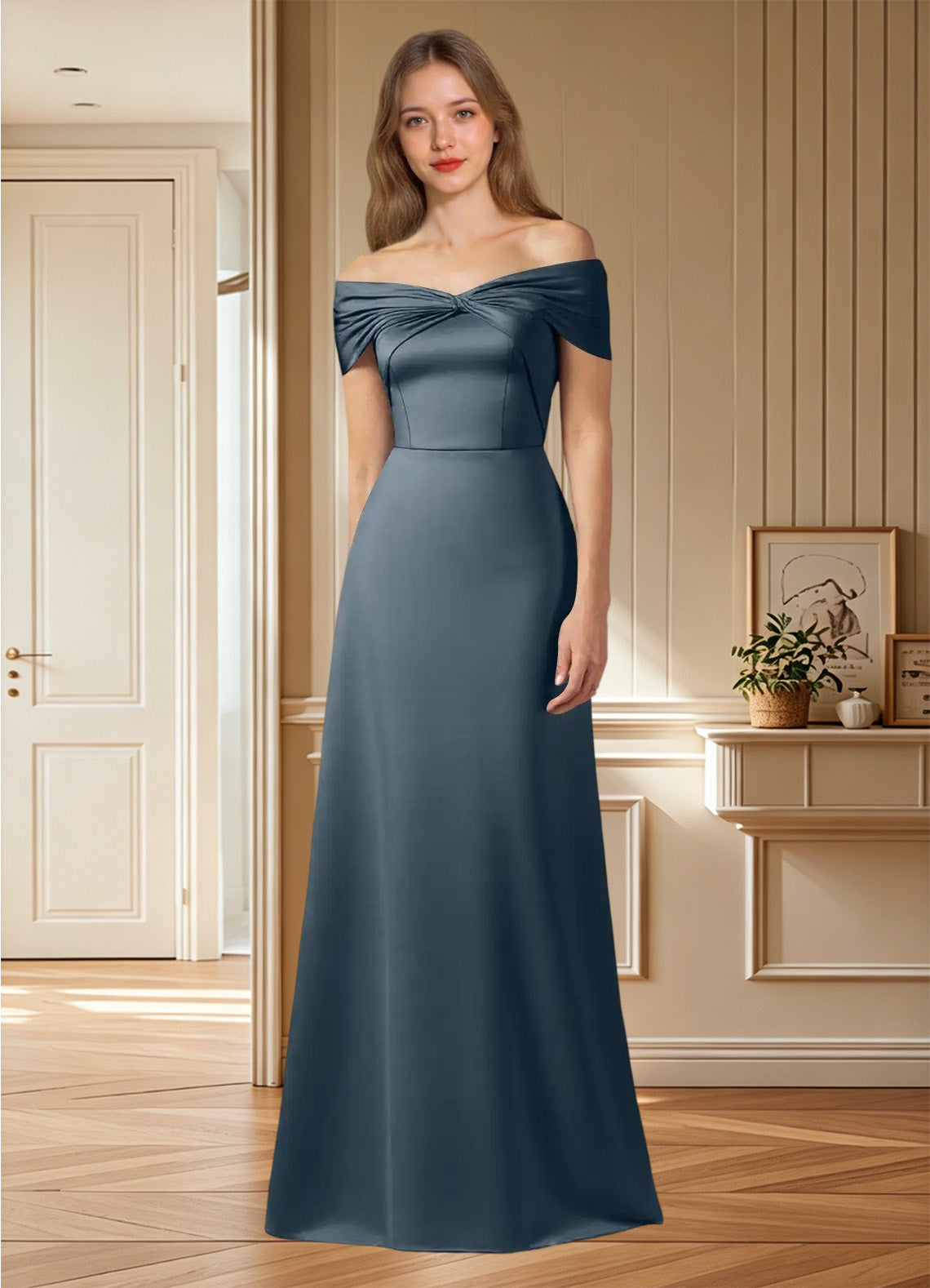 Augday Amelia A-Line Off the Shoulder Stretch Satin Dress