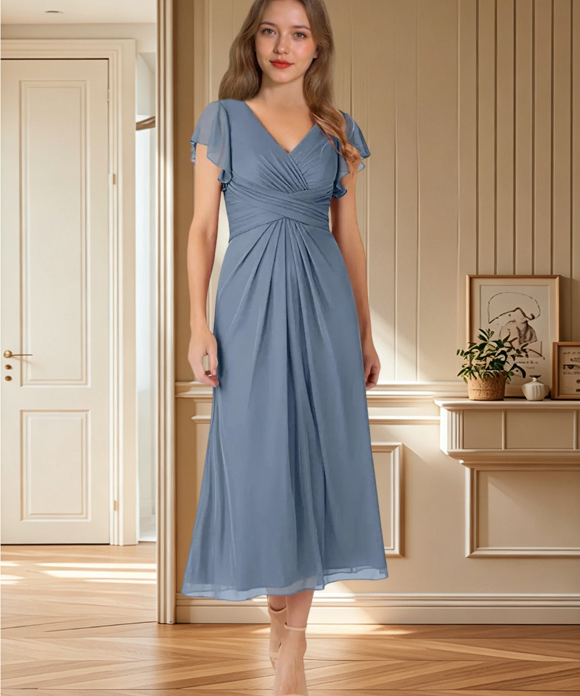 Augday Vera A-Line V-Neck Pleated Mesh Dress