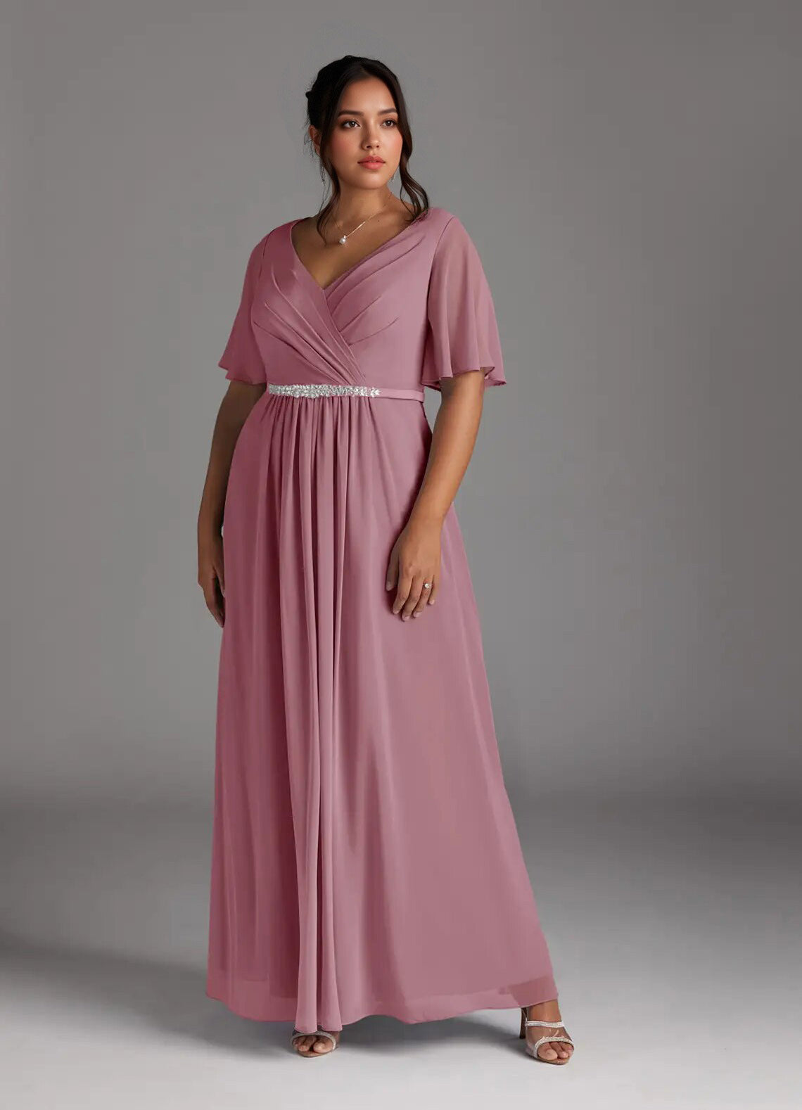 Augday A-Line V-Neck Pleated Chiffon Dress Plus Size