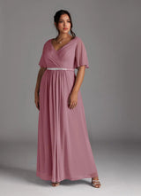 Augday A-Line V-Neck Pleated Chiffon Dress Plus Size
