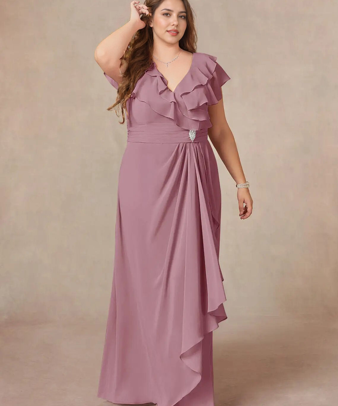 Augday A-Line V-Neck Ruched Chiffon Dress Plus Size