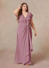 Augday A-Line V-Neck Ruched Chiffon Dress Plus Size