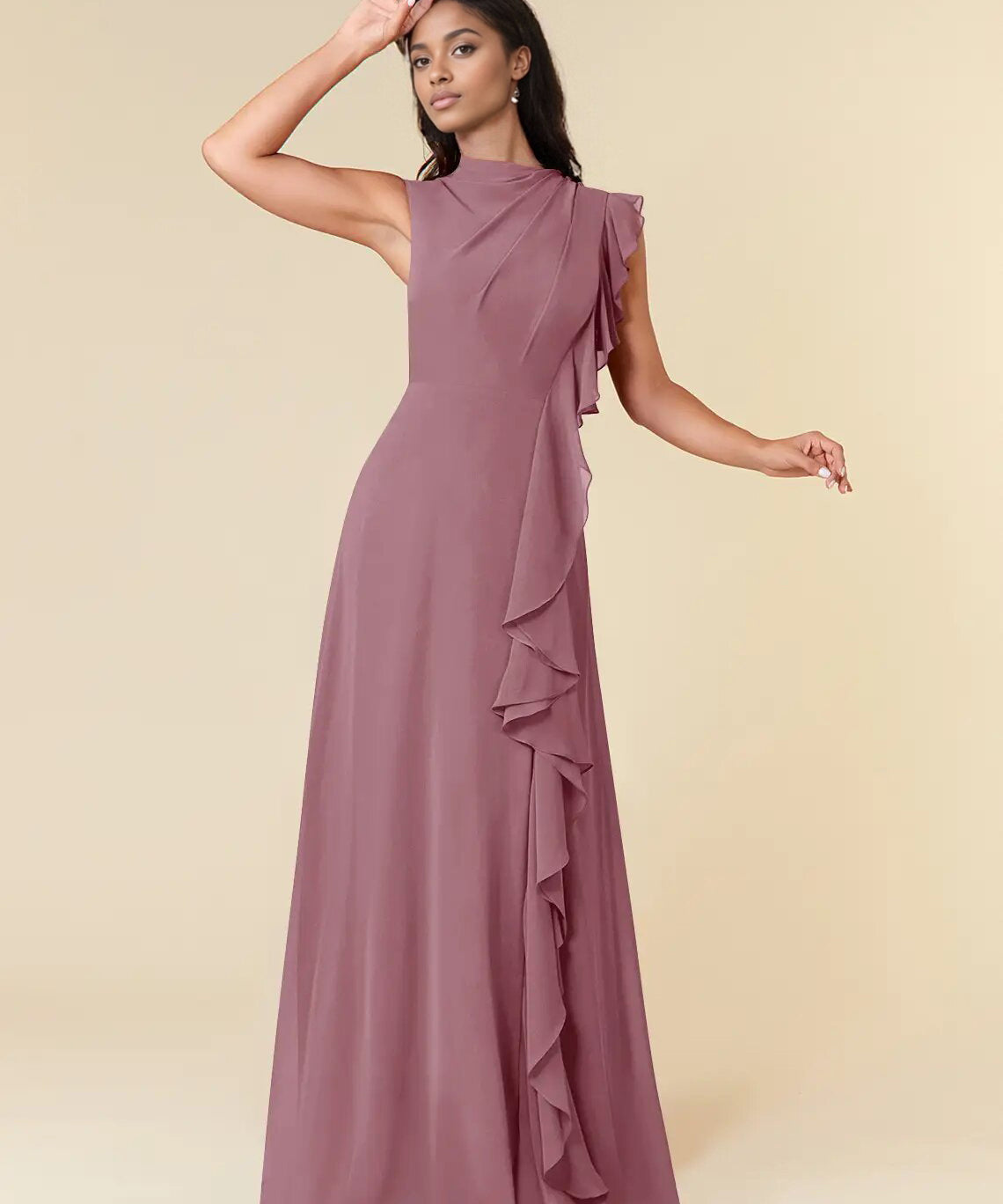 Augday A-Line High Neckline Pleated Chiffon Dress