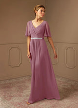 Augday A-Line V-Neck Pleated Chiffon Dress