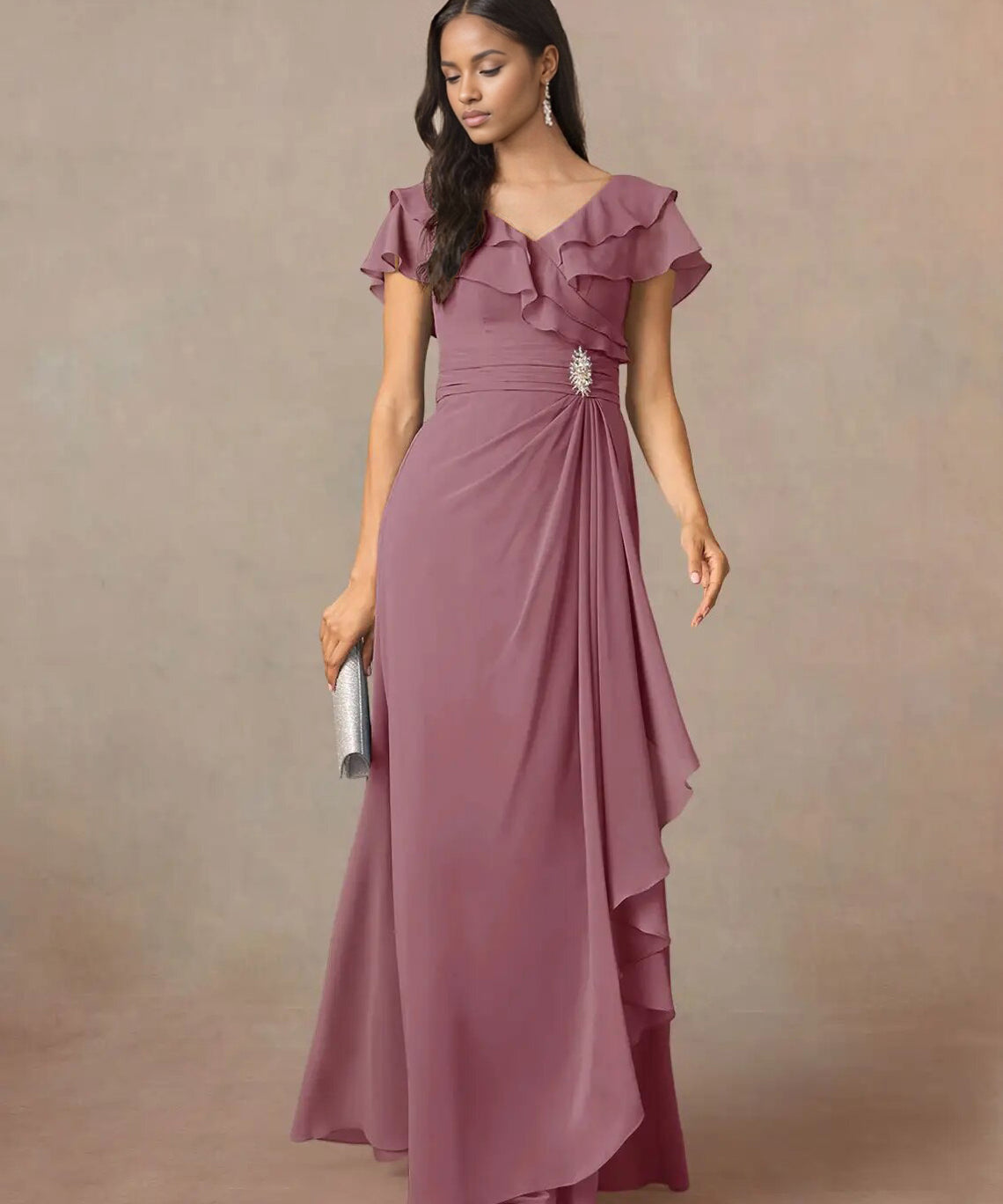 Augday A-Line V-Neck Ruched Chiffon Dress