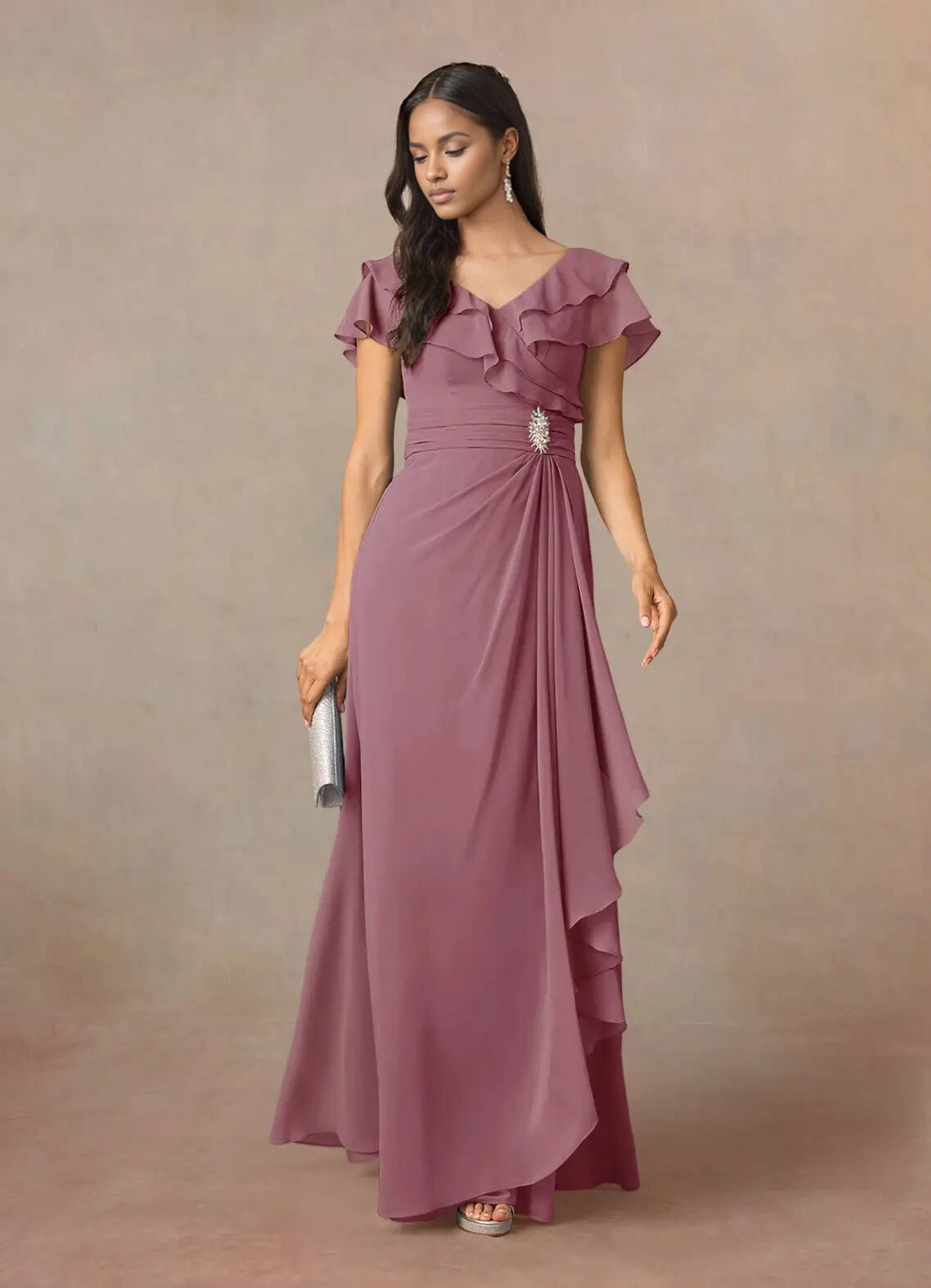 Augday A-Line V-Neck Ruched Chiffon Dress