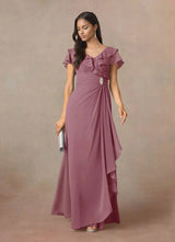 Augday A-Line V-Neck Ruched Chiffon Dress