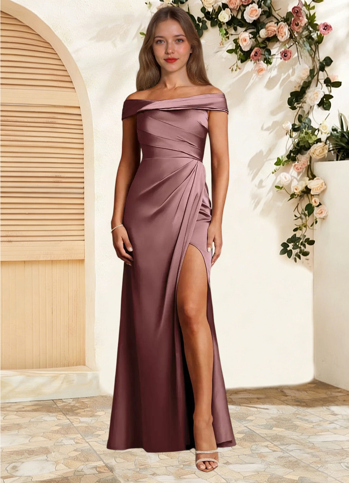 Augday Bedford Sheath Pleated Stretch Satin Dress