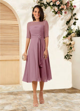 Augday Naomi A-Line Boatneck Pleated Chiffon Dress