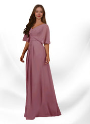 Augday Oksana A-Line V-Neck Pleated Chiffon Dress