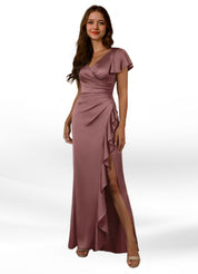 Augday Roya Mermaid V-Neck Pleated Stretch Satin Dress