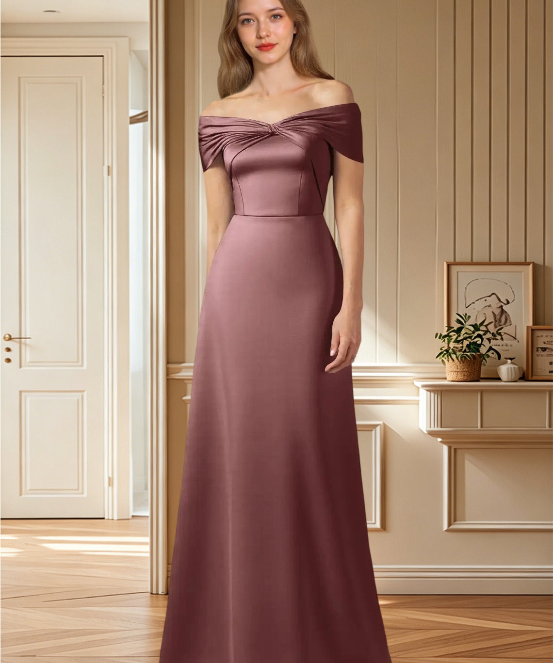 Augday Amelia A-Line Off the Shoulder Stretch Satin Dress