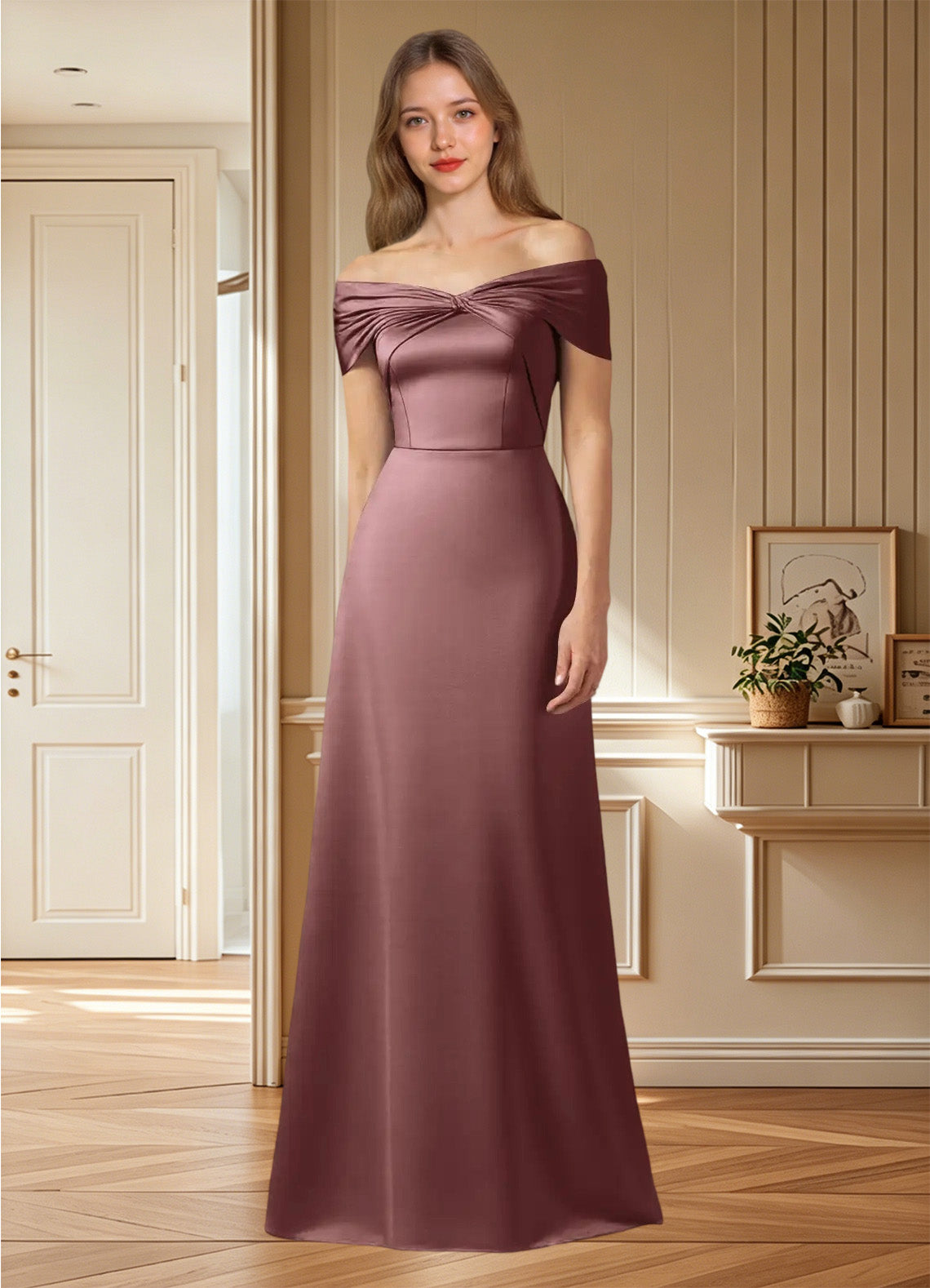 Augday Amelia A-Line Off the Shoulder Stretch Satin Dress