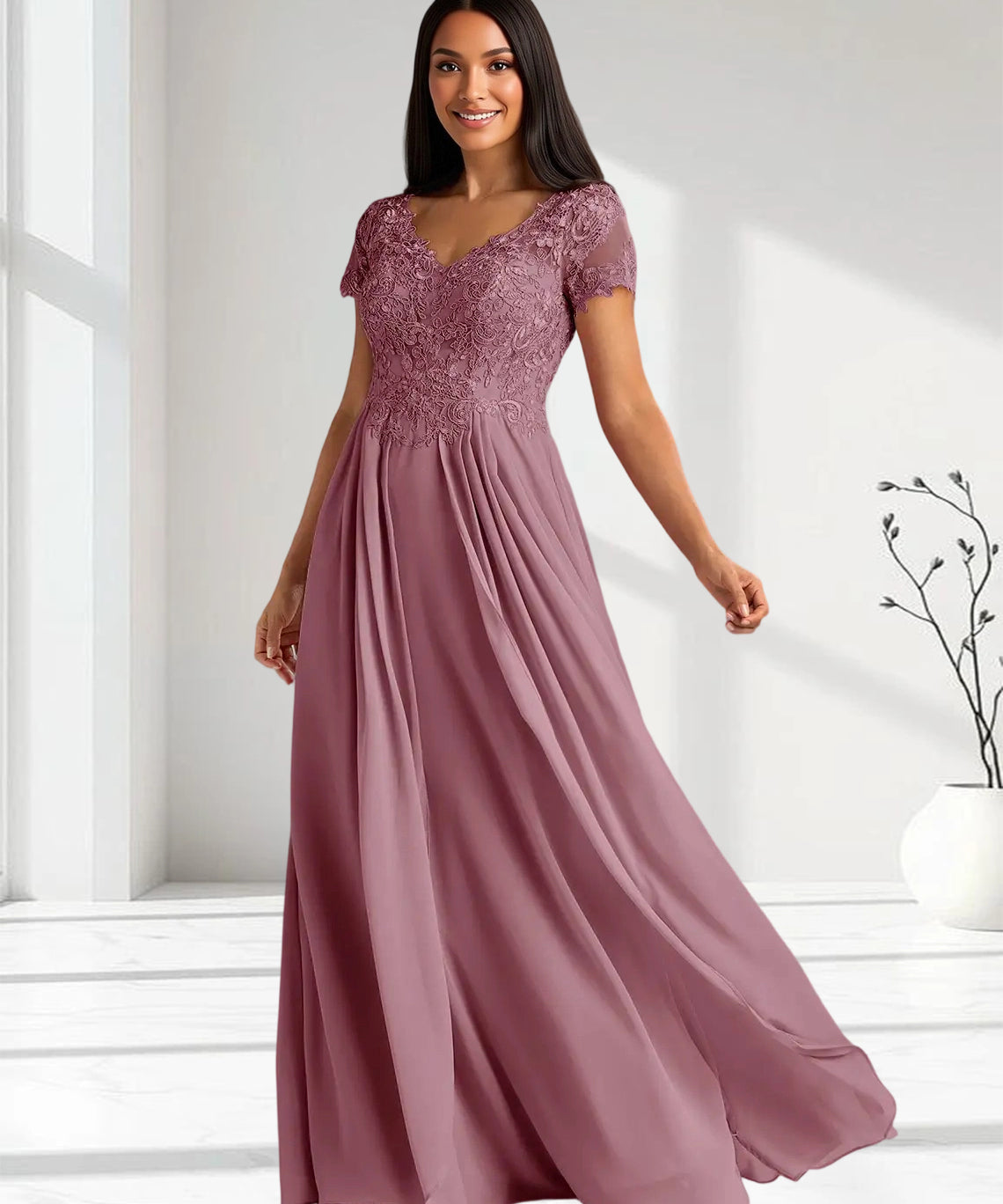 Augday Dunja A-Line V-Neck Lace Chiffon Dress