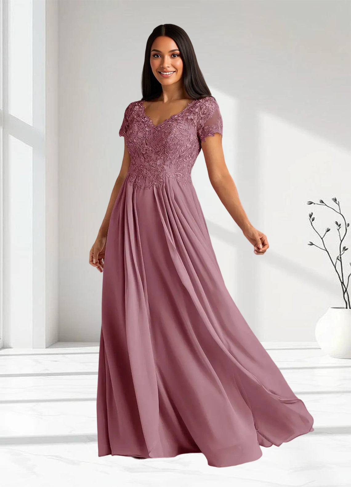 Augday Dunja A-Line V-Neck Lace Chiffon Dress