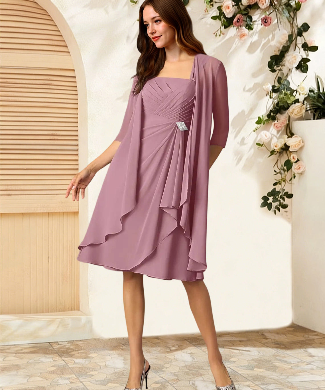Augday Olivia A-Line Square Neckline Pleated Chiffon Dress