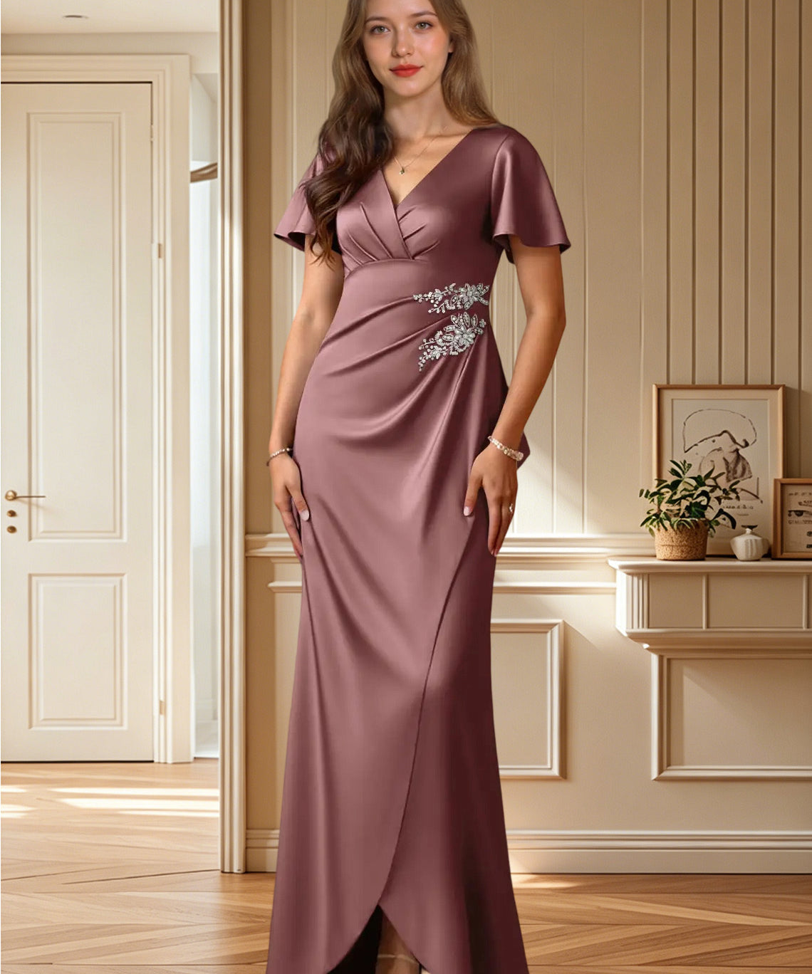 Augday Robins A-Line Pleated Stretch Satin Dress