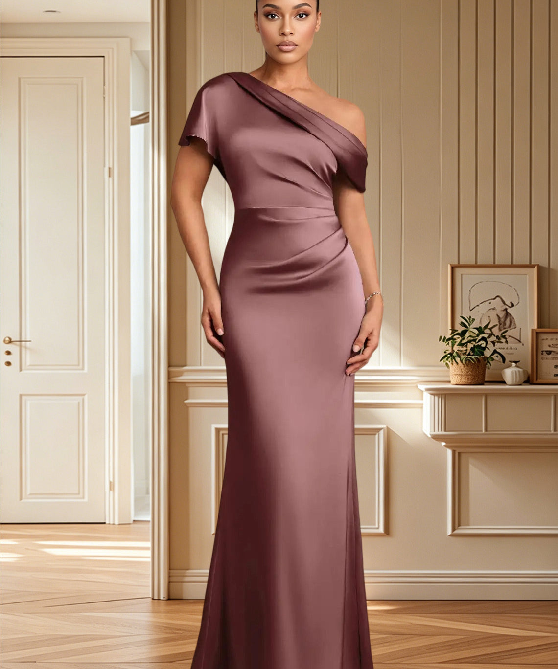 Augday Rutha Sheath One Shoulder Stretch Satin Dress