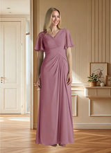 Augday Morning Glory A-Line V-Neck Ruched Chiffon Dress