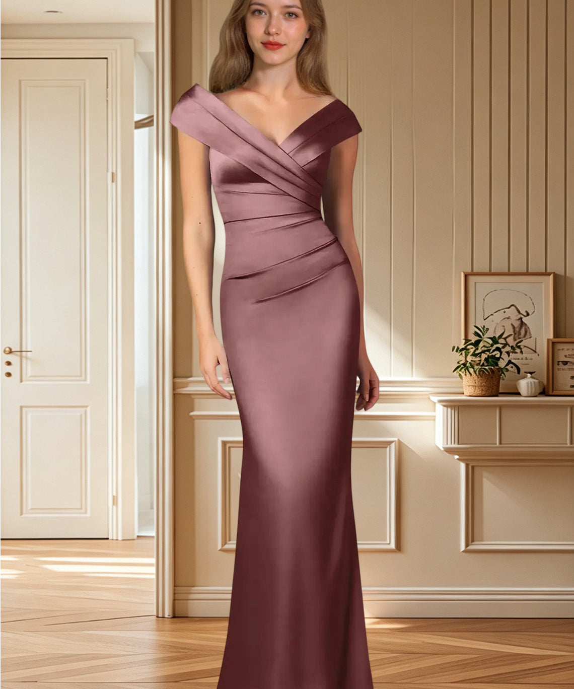 Augday Ludlow Mermaid Pleated Stretch Satin Dress