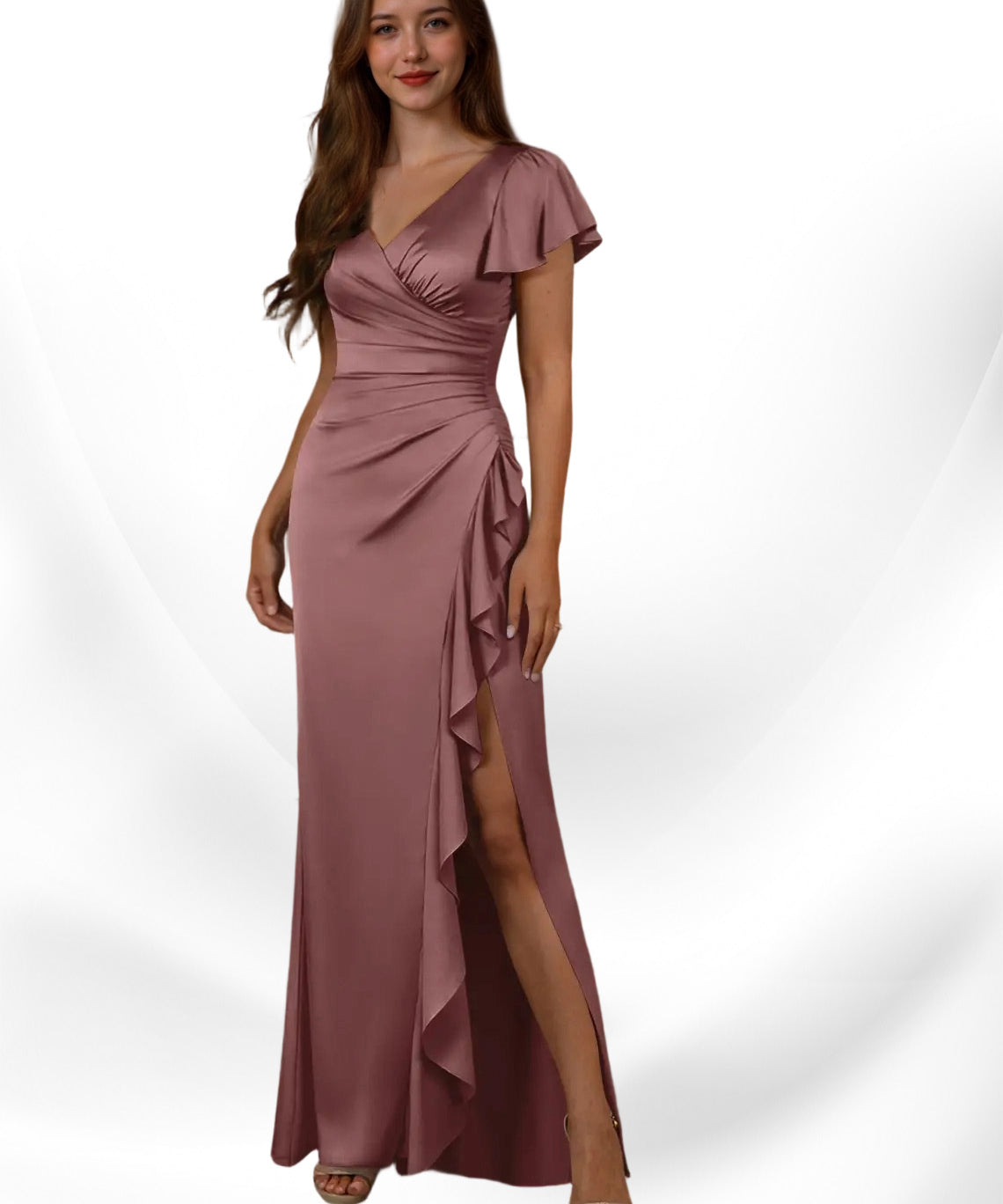 Augday Roya Mermaid V-Neck Pleated Stretch Satin