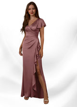 Augday Roya Mermaid V-Neck Pleated Stretch Satin