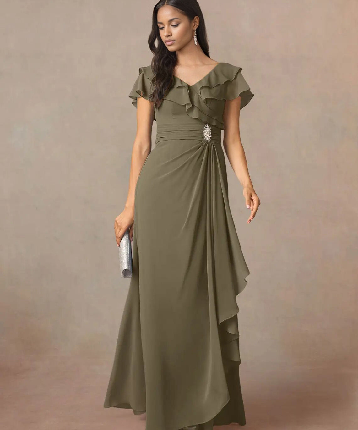 Augday A-Line V-Neck Ruched Chiffon Dress