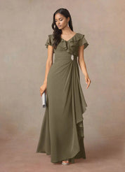 Augday A-Line V-Neck Ruched Chiffon Dress