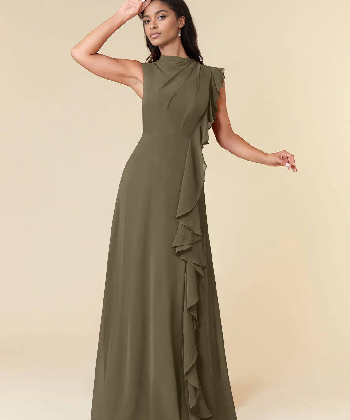 Augday A-Line High Neckline Pleated Chiffon Dress