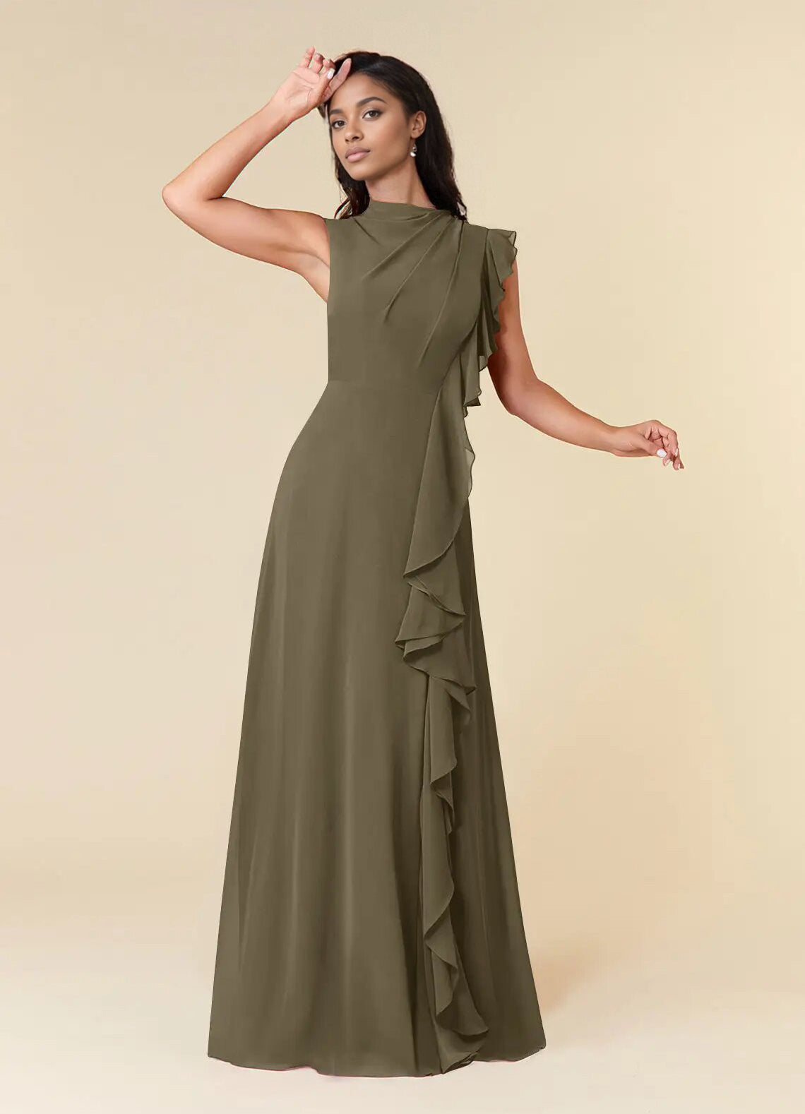 Augday A-Line High Neckline Pleated Chiffon Dress