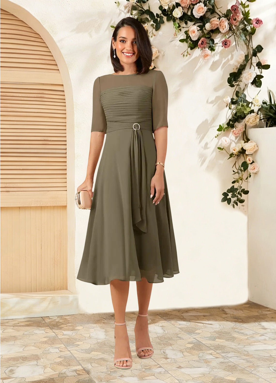 Augday Naomi A-Line Boatneck Pleated Chiffon Dress