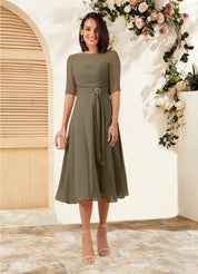 Augday Naomi A-Line Boatneck Pleated Chiffon Dress