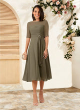 Augday Naomi A-Line Boatneck Pleated Chiffon Dress