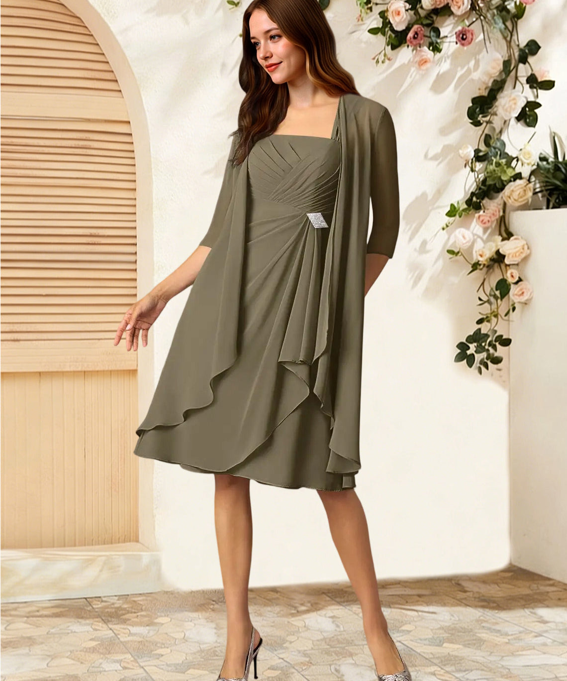 Augday Olivia A-Line Square Neckline Pleated Chiffon Dress