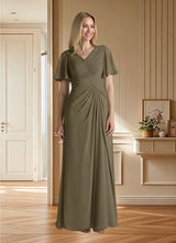 Augday Morning Glory A-Line V-Neck Ruched Chiffon Dress