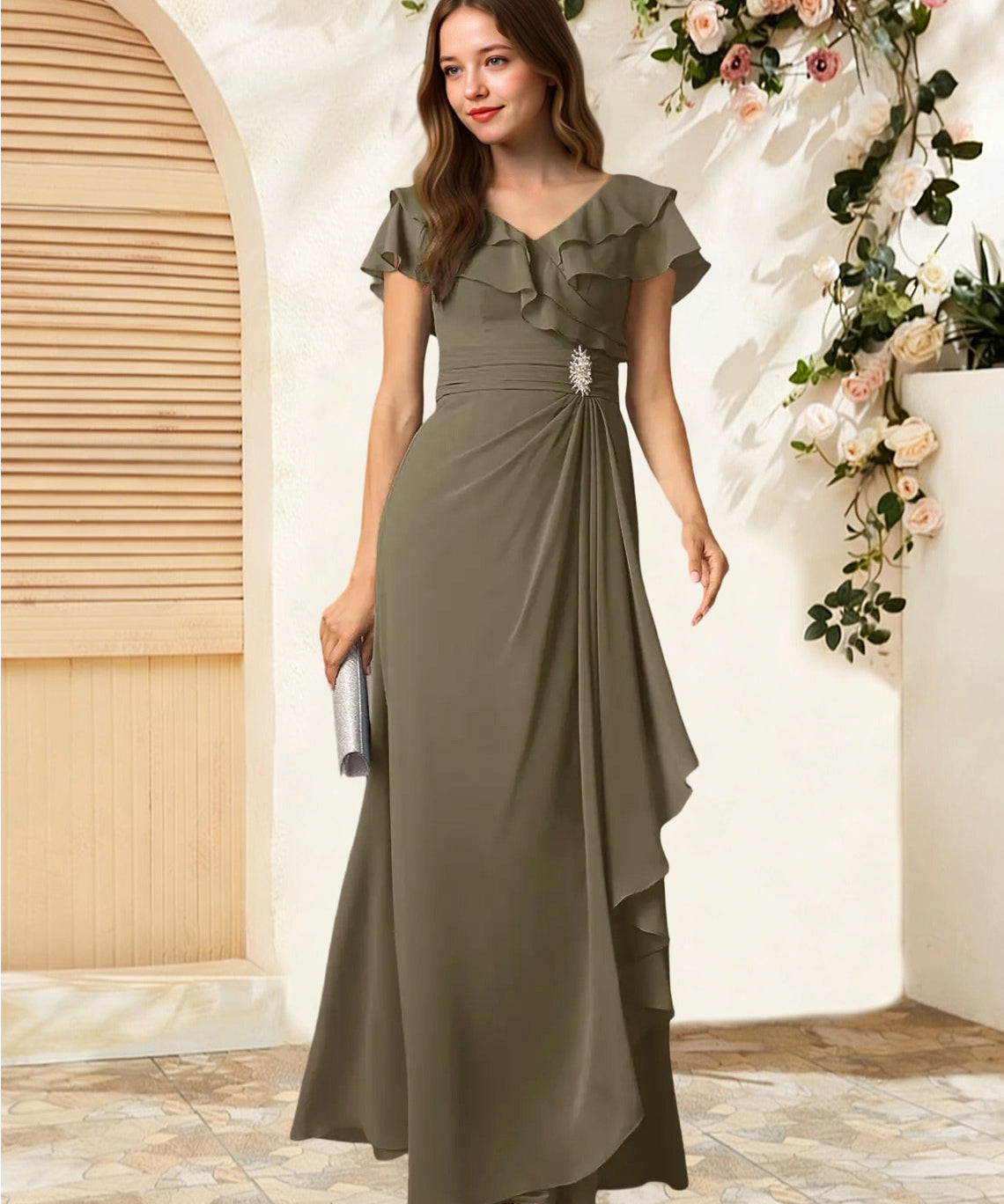 Augday Snapdragon A-Line V-Neck Ruched Chiffon Dress