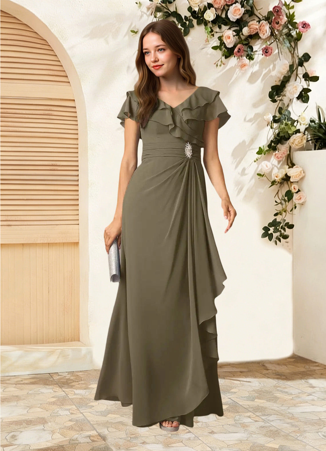 Augday Snapdragon A-Line V-Neck Ruched Chiffon Dress