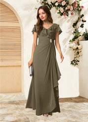 Augday Snapdragon A-Line V-Neck Ruched Chiffon Dress