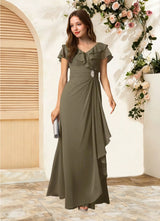 Augday Snapdragon A-Line V-Neck Ruched Chiffon Dress