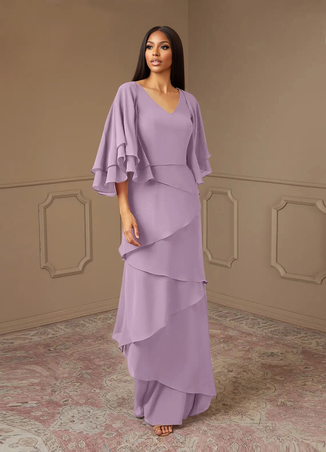 Augday OHara A-Line V-Neck Chiffon Dress