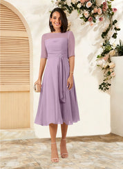 Augday Naomi A-Line Boatneck Pleated Chiffon Dress